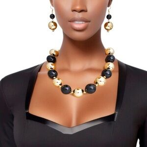 Chunky Jumbo Pearl Beads Necklace and Earrings SET Statement Jewelry, Black/Gold